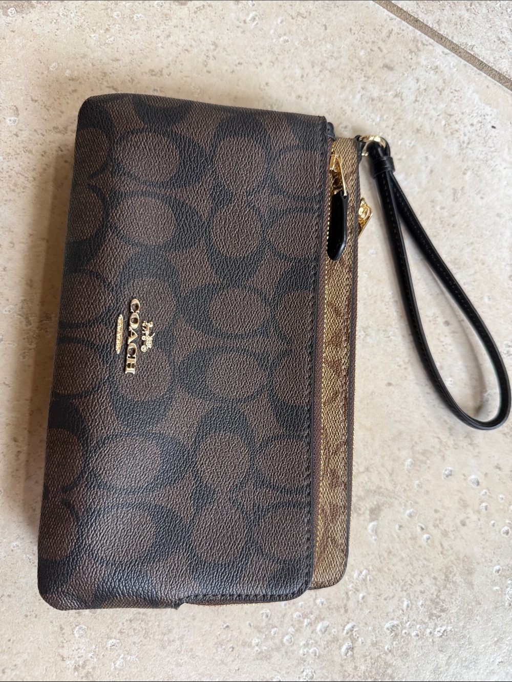 Coach Brown and Black Signature Canvas Wristlet with Gold Hardware